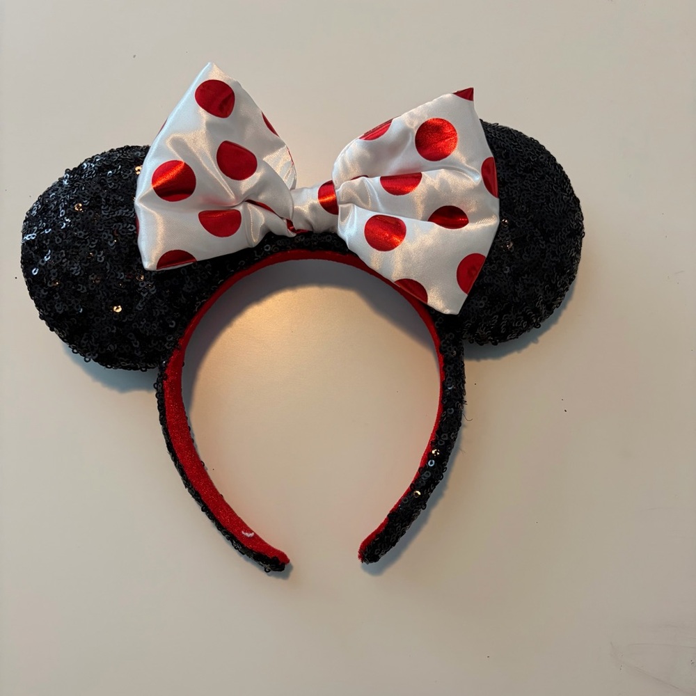 Disney Black Sequin Ears with Red Polka Dot Bow Headband